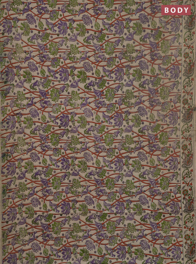 Kalamkari cotton saree beige and lavender with allover prints and printed border