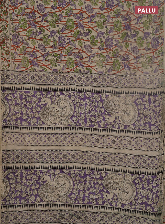 Kalamkari cotton saree beige and lavender with allover prints and printed border