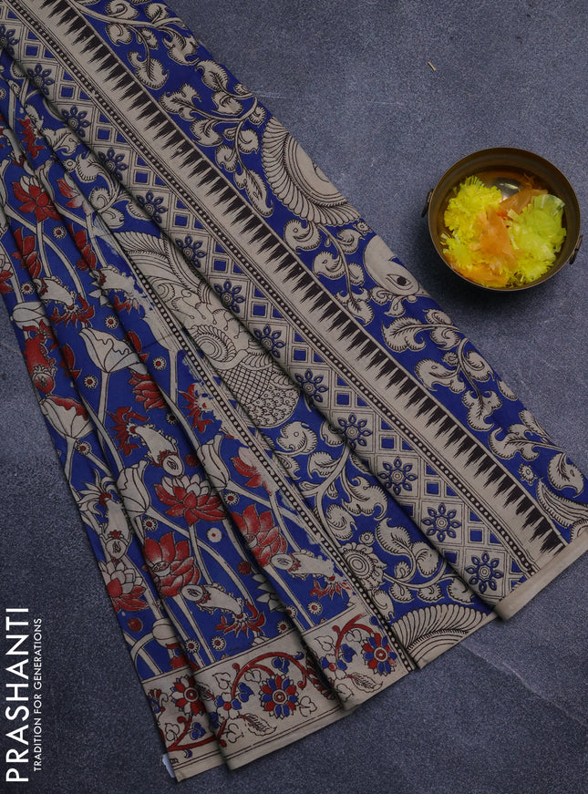 Kalamkari cotton saree peacock blue and beige with allover prints and printed border