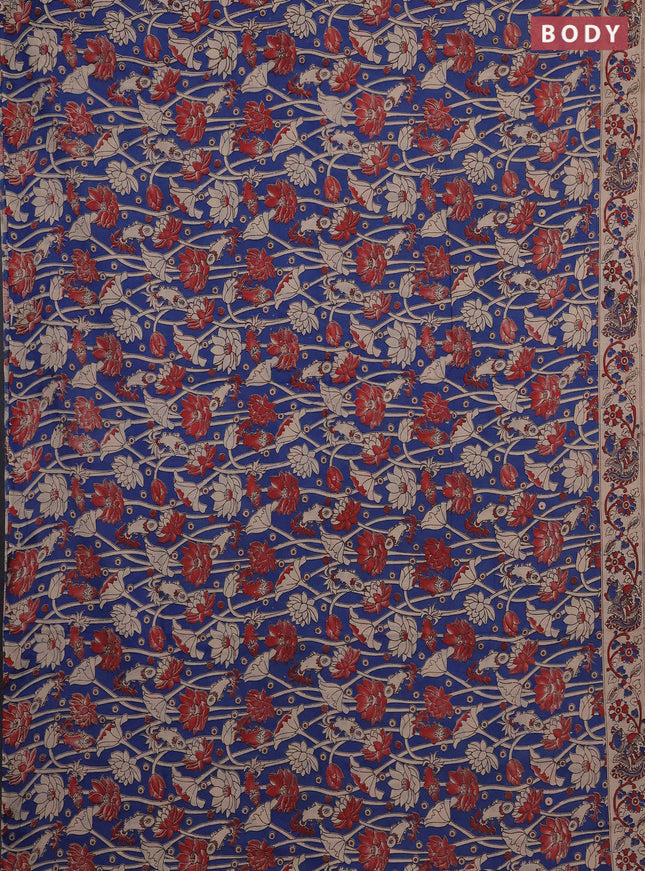 Kalamkari cotton saree peacock blue and beige with allover prints and printed border