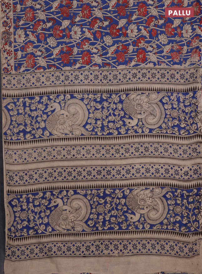 Kalamkari cotton saree peacock blue and beige with allover prints and printed border