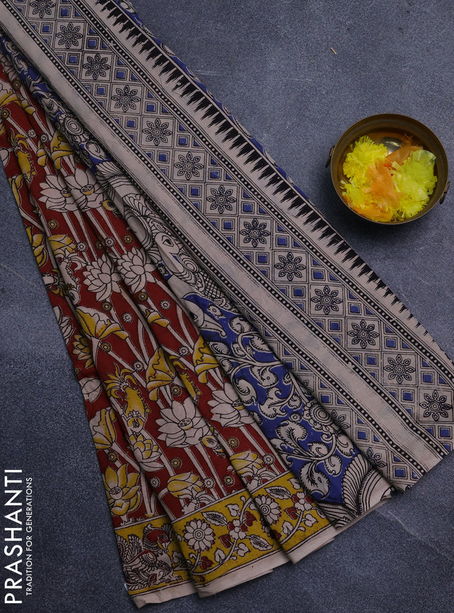 Kalamkari cotton saree maroon and yellow with allover prints and printed border