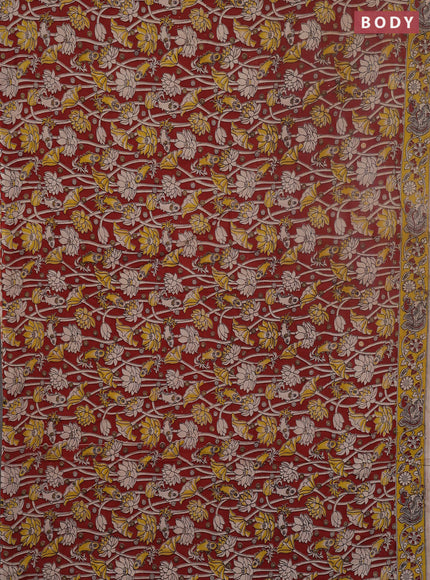 Kalamkari cotton saree maroon and yellow with allover prints and printed border