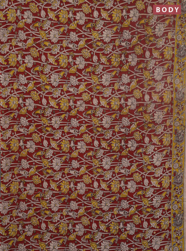 Kalamkari cotton saree maroon and yellow with allover prints and printed border