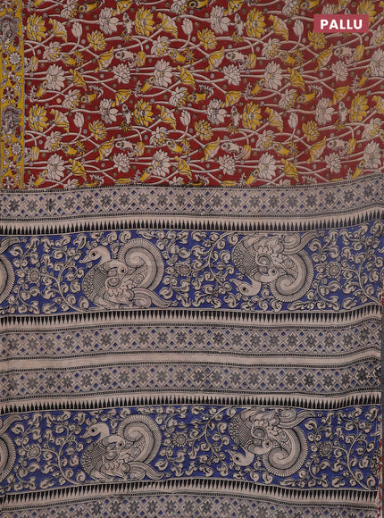 Kalamkari cotton saree maroon and yellow with allover prints and printed border