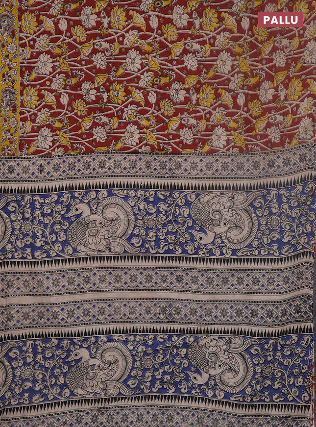 Kalamkari cotton saree maroon and yellow with allover prints and printed border