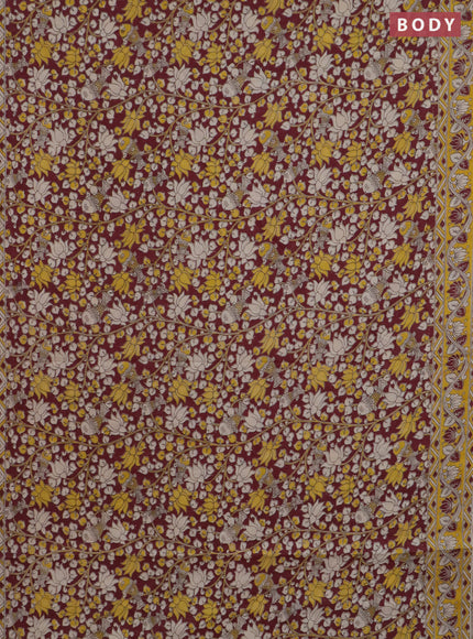 Kalamkari cotton saree wine shade and yellow with allover prints and printed border