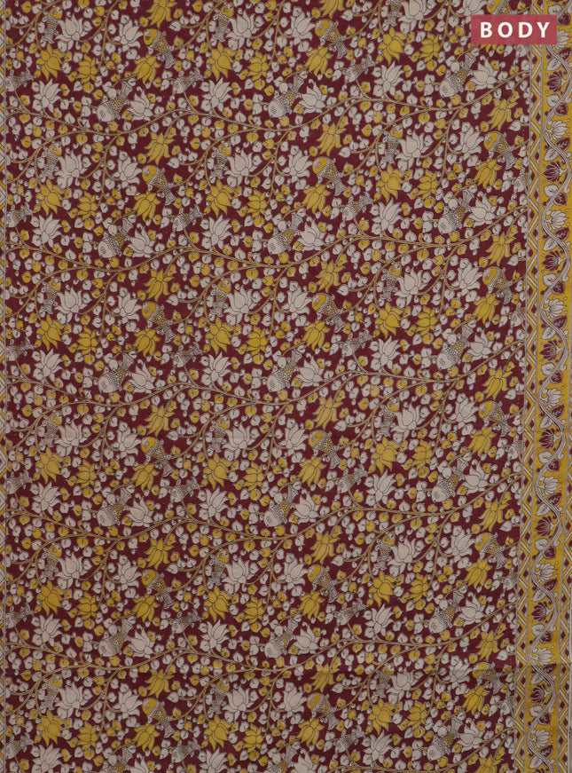 Kalamkari cotton saree wine shade and yellow with allover prints and printed border