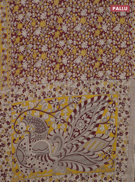 Kalamkari cotton saree wine shade and yellow with allover prints and printed border