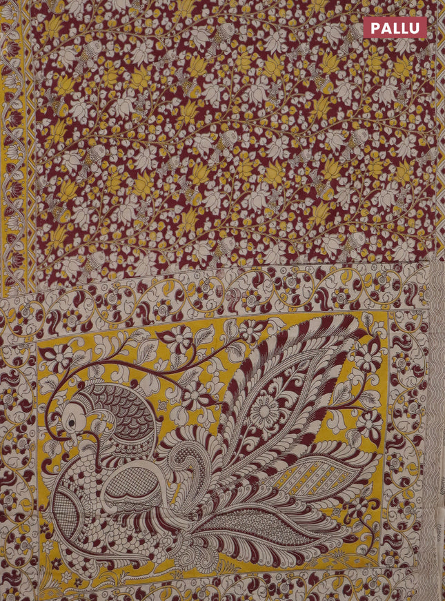 Kalamkari cotton saree wine shade and yellow with allover prints and printed border