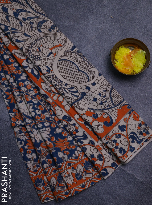 Kalamkari cotton saree peacock green and orange with allover prints and printed border