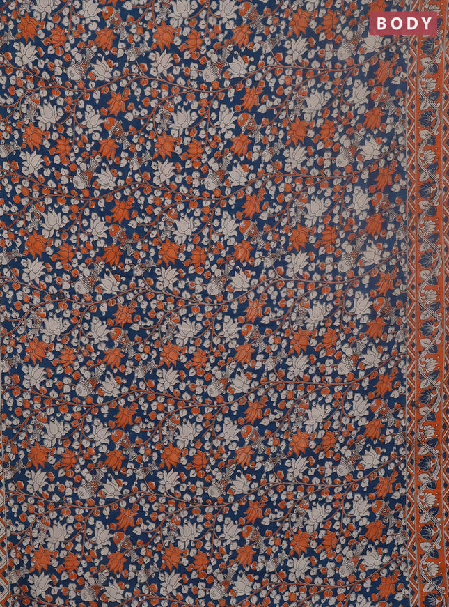 Kalamkari cotton saree peacock green and orange with allover prints and printed border