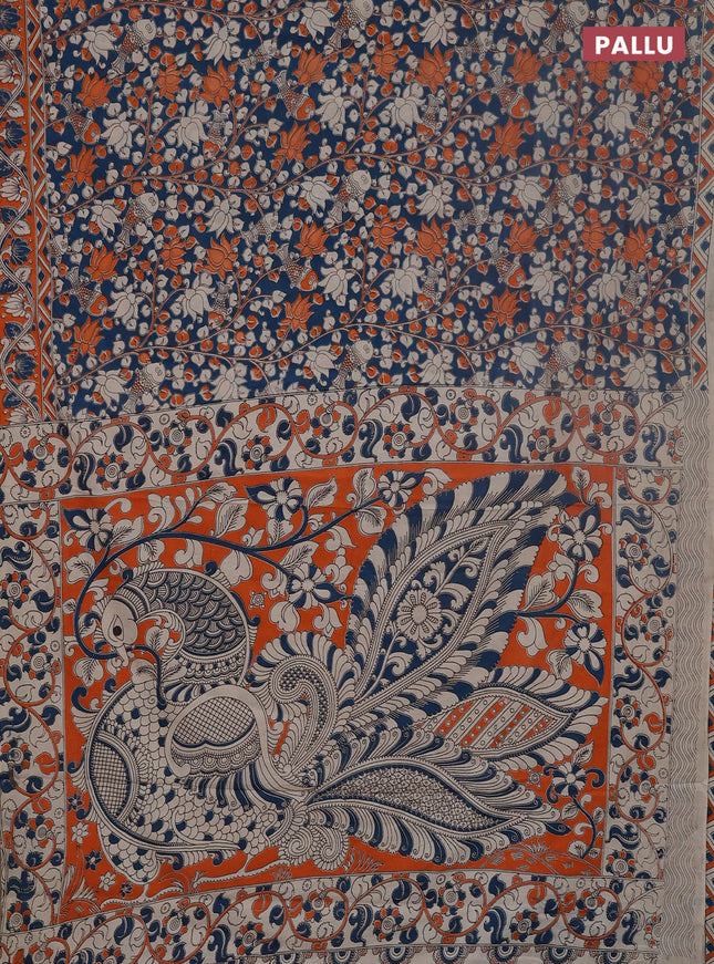 Kalamkari cotton saree peacock green and orange with allover prints and printed border