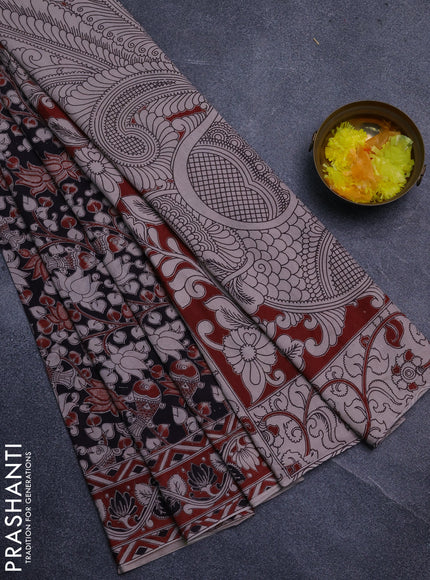 Kalamkari cotton saree beige and maroon with allover prints and printed border