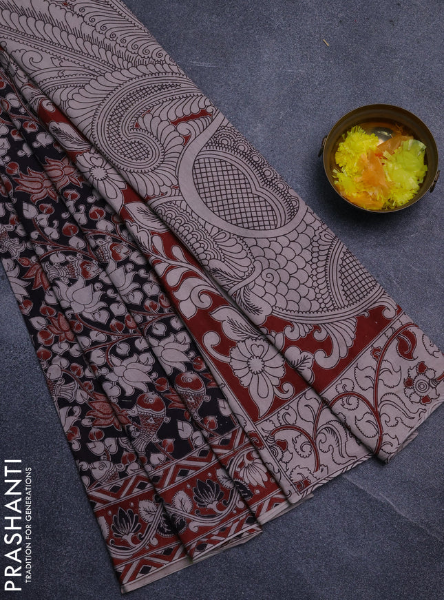 Kalamkari cotton saree beige and maroon with allover prints and printed border