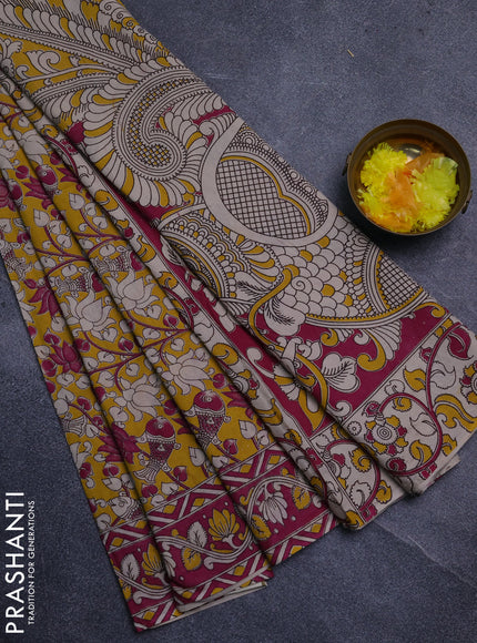 Kalamkari cotton saree yellow and magenta pink with allover prints and printed border