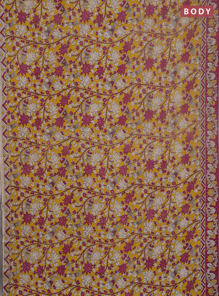 Kalamkari cotton saree yellow and magenta pink with allover prints and printed border