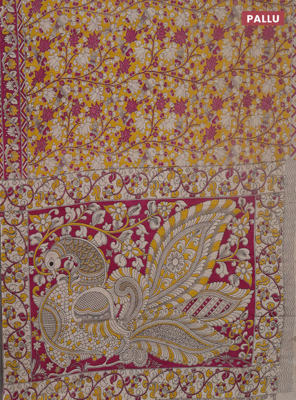 Kalamkari cotton saree yellow and magenta pink with allover prints and printed border