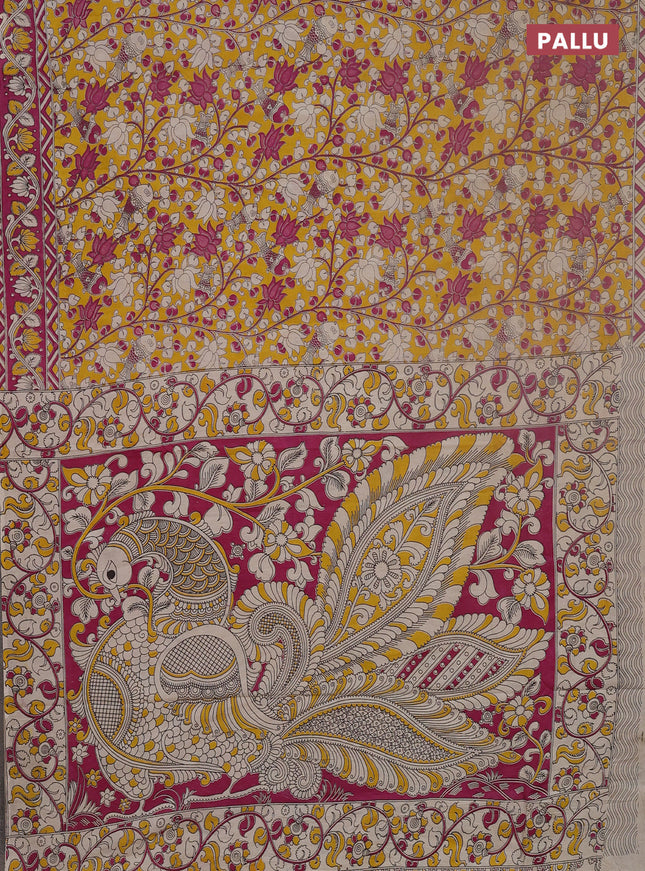 Kalamkari cotton saree yellow and magenta pink with allover prints and printed border