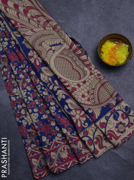 Kalamkari cotton saree blue and pink with allover prints and printed border
