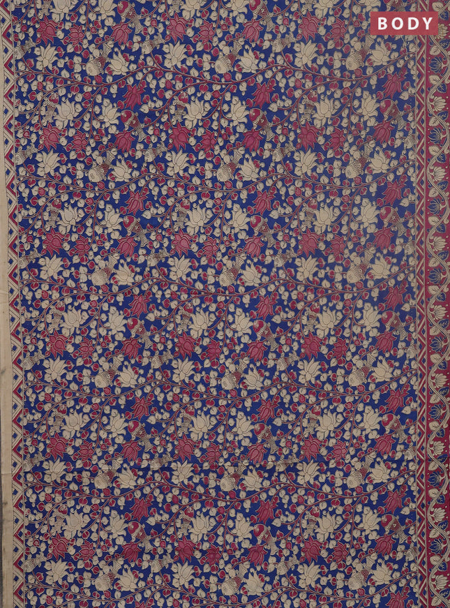 Kalamkari cotton saree blue and pink with allover prints and printed border