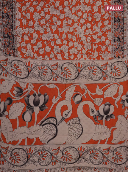 Kalamkari cotton saree orange and black with allover prints and printed border