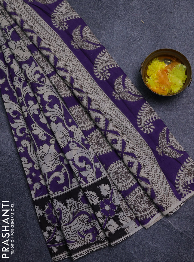 Kalamkari cotton saree lavender and black with allover floral prints and printed border