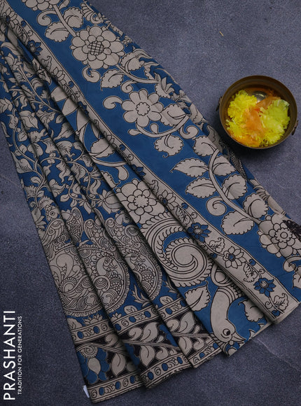 Kalamkari cotton saree peacock blue and black with allover prints and printed border