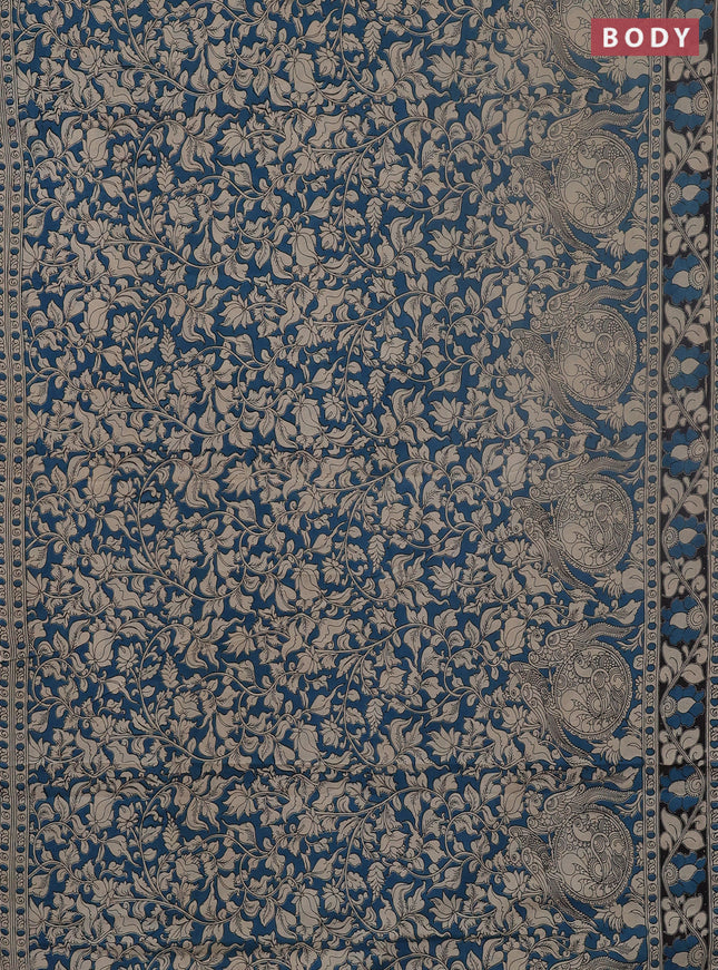 Kalamkari cotton saree peacock blue and black with allover prints and printed border