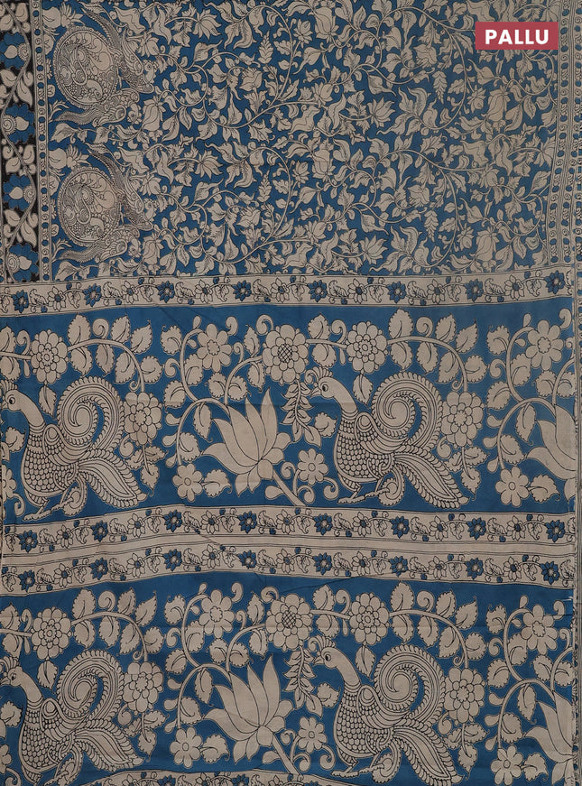 Kalamkari cotton saree peacock blue and black with allover prints and printed border