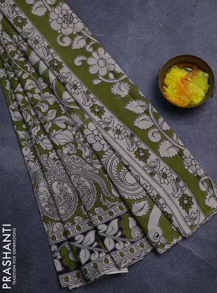 Kalamkari cotton saree light green and black with allover prints and printed border