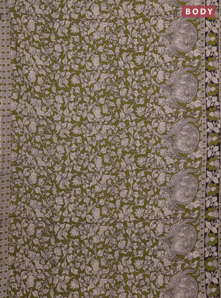 Kalamkari cotton saree light green and black with allover prints and printed border