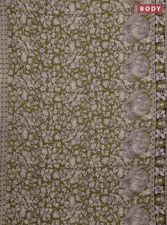 Kalamkari cotton saree light green and black with allover prints and printed border