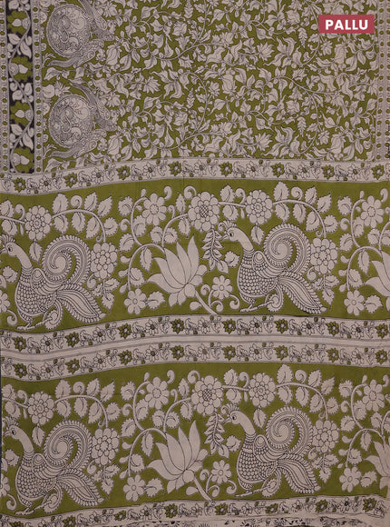 Kalamkari cotton saree light green and black with allover prints and printed border