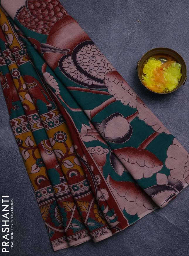 Kalamkari cotton saree green and maroon with allover pichwai prints and printed border