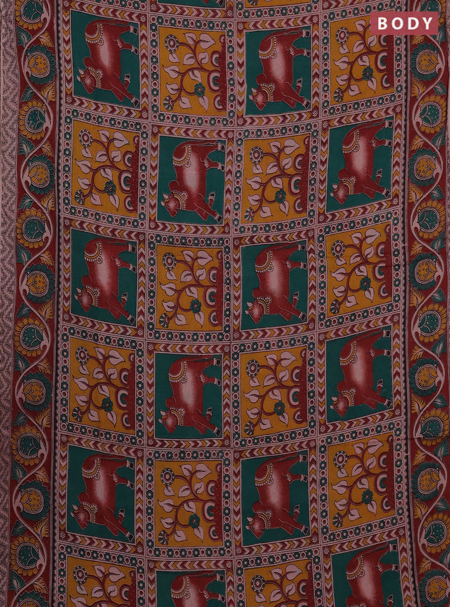 Kalamkari cotton saree green and maroon with allover pichwai prints and printed border