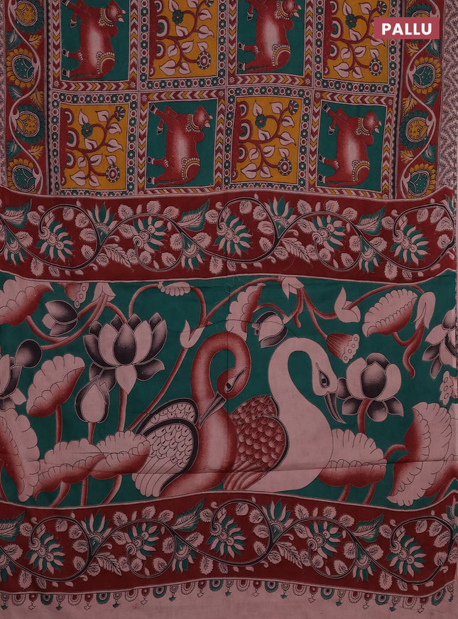 Kalamkari cotton saree green and maroon with allover pichwai prints and printed border