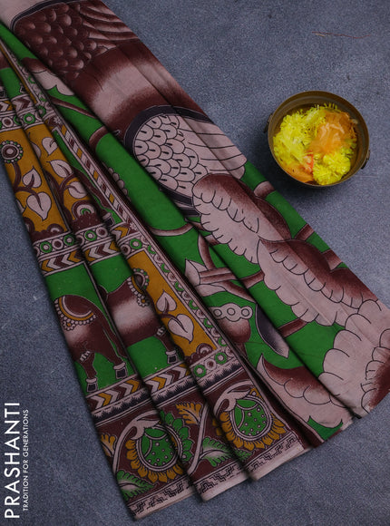 Kalamkari cotton saree light green and brown with allover pichwai prints and printed border