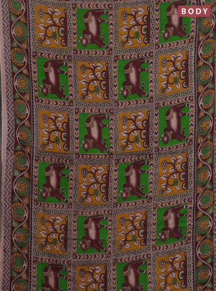Kalamkari cotton saree light green and brown with allover pichwai prints and printed border