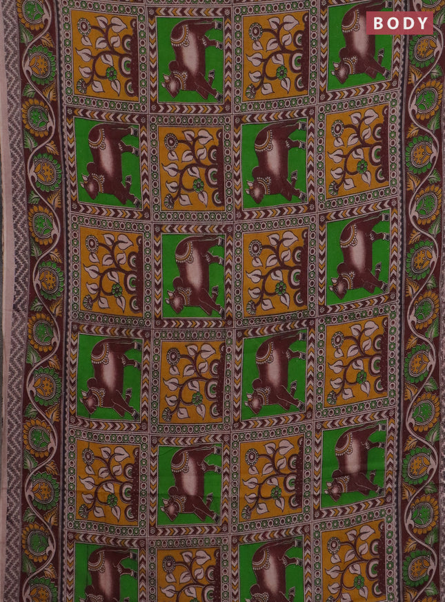 Kalamkari cotton saree light green and brown with allover pichwai prints and printed border