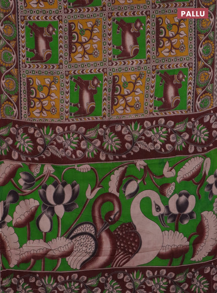 Kalamkari cotton saree light green and brown with allover pichwai prints and printed border