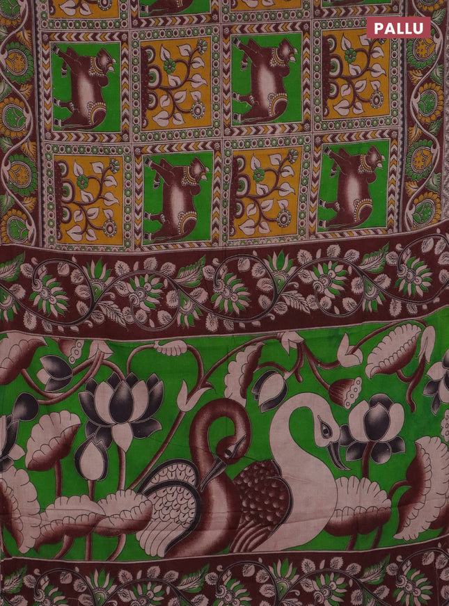 Kalamkari cotton saree light green and brown with allover pichwai prints and printed border