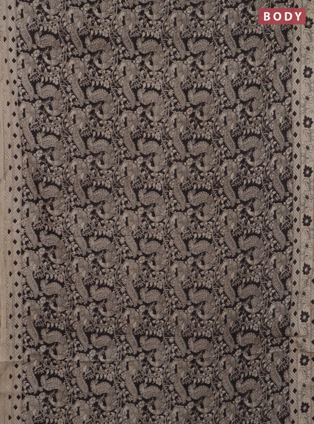 Kalamkari cotton saree black and beige with allover prints and printed border