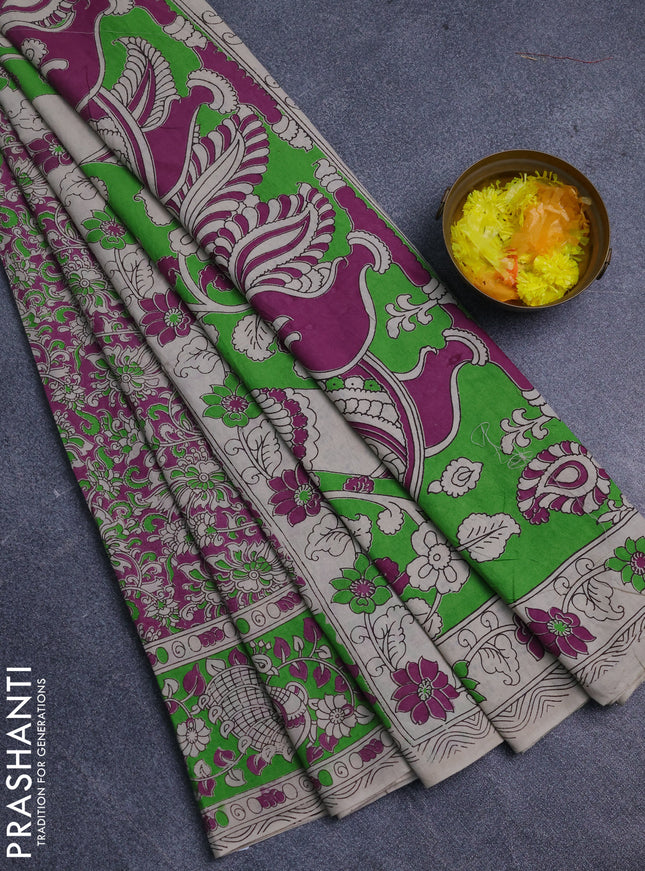 Kalamkari cotton saree purple and light green with allover prints and printed border