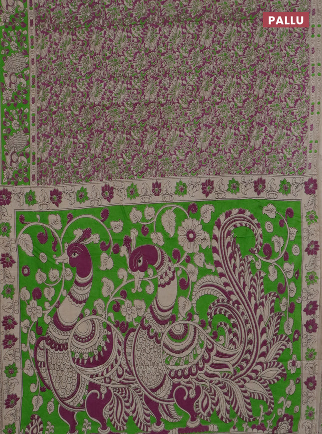 Kalamkari cotton saree purple and light green with allover prints and printed border
