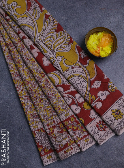 Kalamkari cotton saree yellow and maroon with allover prints and printed border
