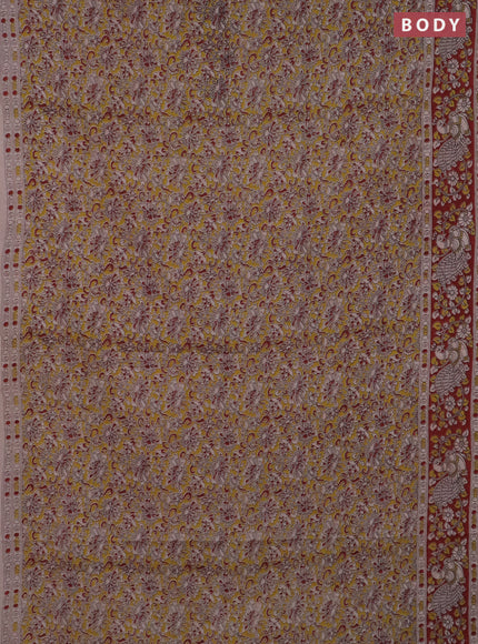 Kalamkari cotton saree yellow and maroon with allover prints and printed border