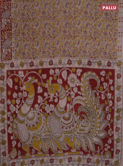 Kalamkari cotton saree yellow and maroon with allover prints and printed border