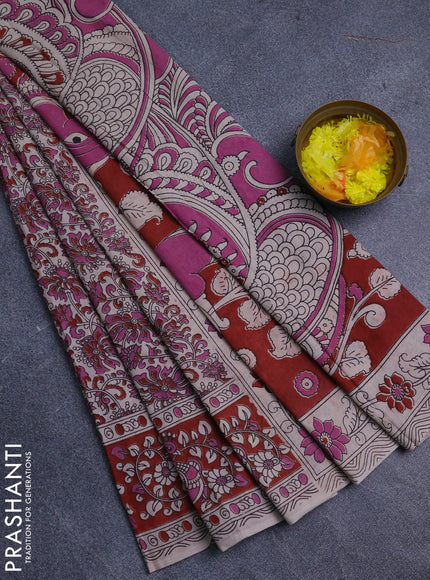 Kalamkari cotton saree pink and rust shade with allover prints and printed border