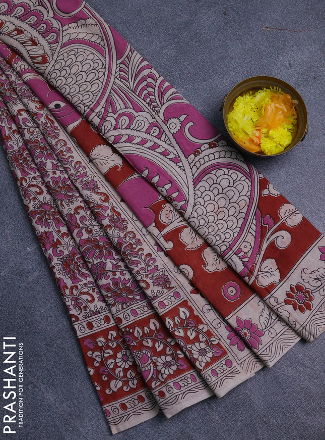 Kalamkari cotton saree pink and rust shade with allover prints and printed border